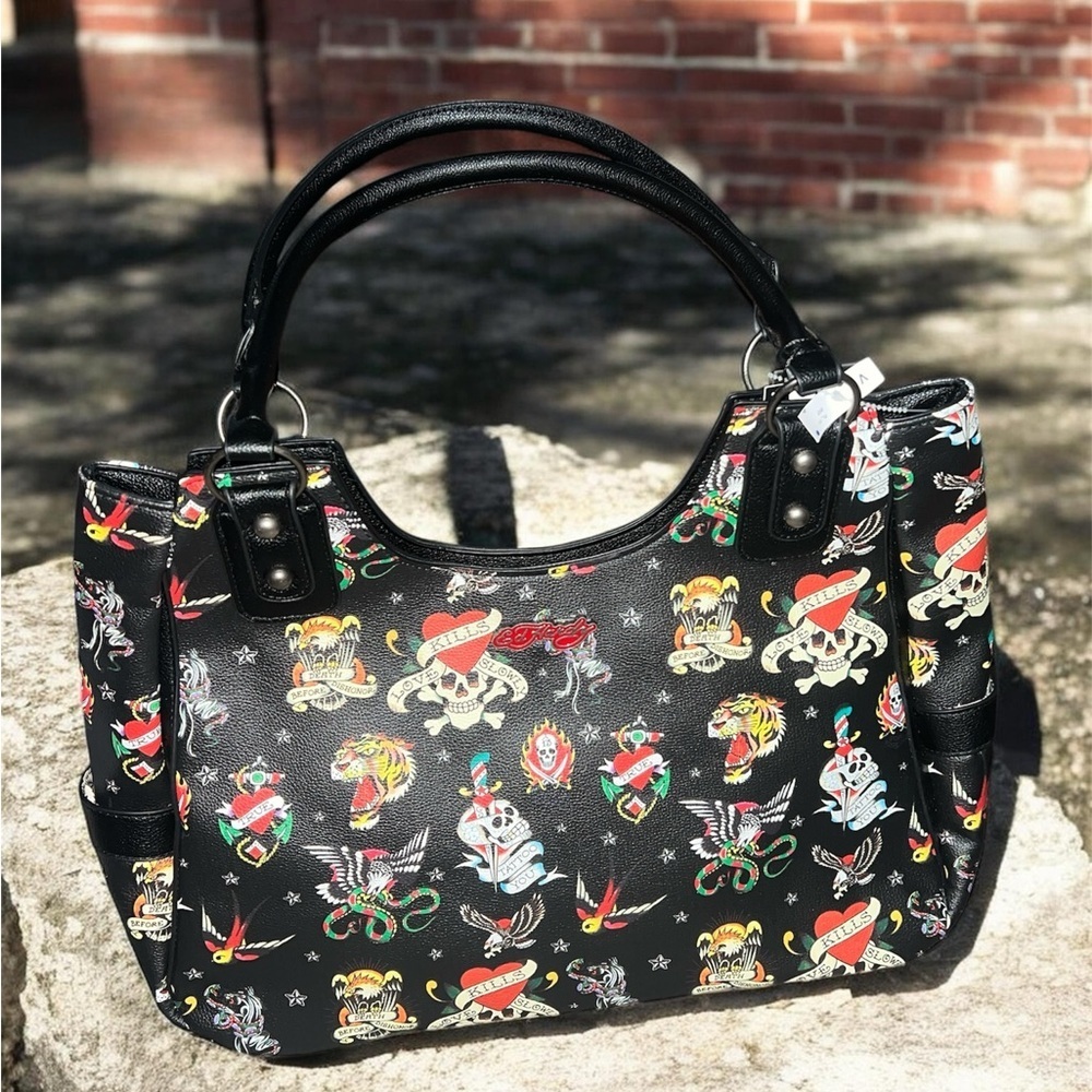Black Tattoo Print Shoulder Bag - Women
